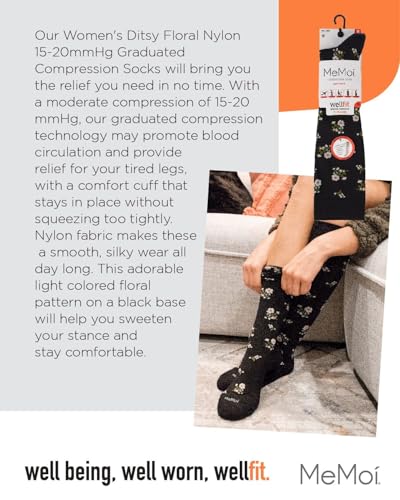 Wellfit Women's Ditsy Floral Nylon 15-20mmHg Graduated Compression Socks - size: 9