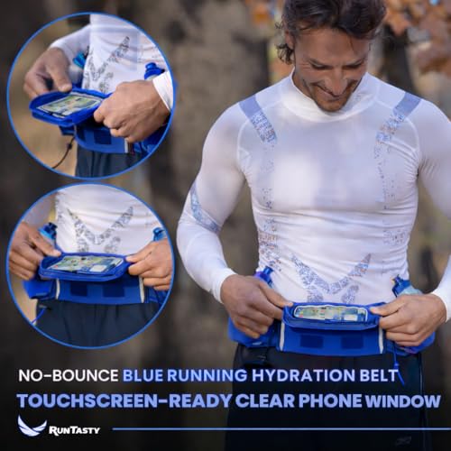 No.1 Hydration Belt by Runtasty - Premium Running Fuel Belt w/2 BPA-Free 10 oz Water Bottles, Tilt-Up Pocket w/Touchscreen-Ready Cover - Fits All iPhones, Runners Ebook & No-Bounce Design - color: Royal Blue