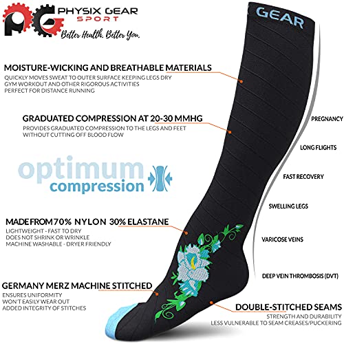 Physix Gear Compression Socks 20-30 mmHg - Men & Women - Running, Nurses, Shin Splints, Flight, Travel - color: Black/Blue Flower, size: Small-Medium
