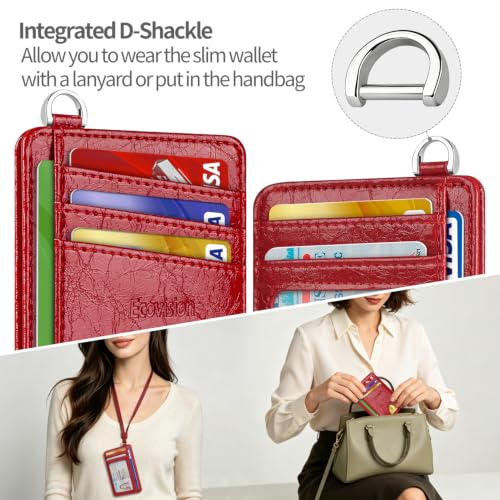 Slim Minimalist Front Pocket Wallet, RFID Blocking Credit Card Holder Wallet with Integrated D-Shackle for Men Women - color: Glossy Red
