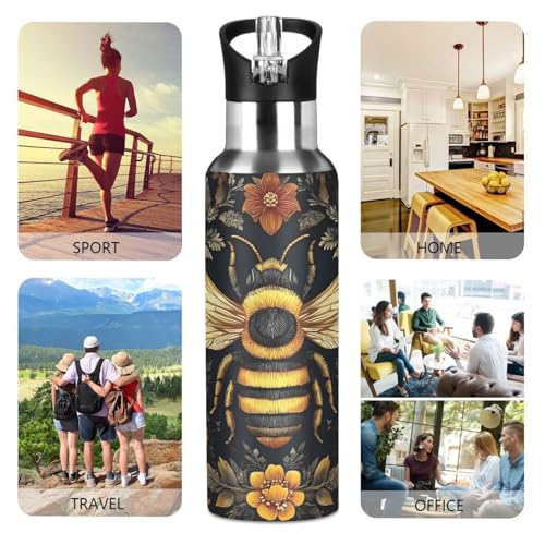 OTVEE Bohemian Golden Bee Water Bottle Sports Water Bottle Insulated Stainless Steel Hot Cold Water Mug with Straw Lid & Handle for Sports Gym 20 oz - color: Bohemian Golden Bee