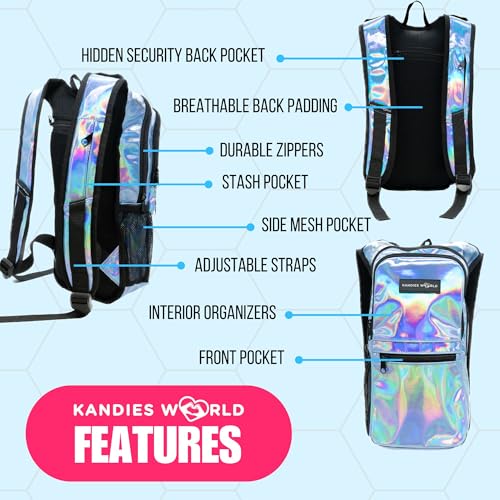 Kandies World Reflective Festival Hydration Pack - 2L Hydropack for Raves, Hiking, Biking, Running, and More (with Anti-Theft Pocket) - style: Blue Holographic