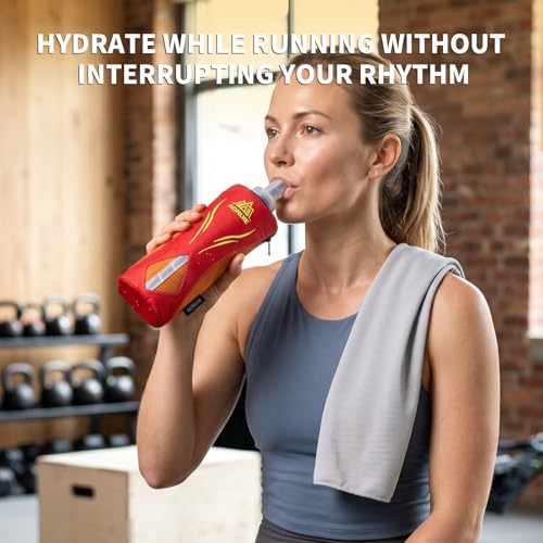 Geila Handheld Water Bottle for Running, 17 oz Grip Handheld Bottle with Hand Strap Hydration Pack, Sport Soft Flask - color: Orange+500ML Soft Flask