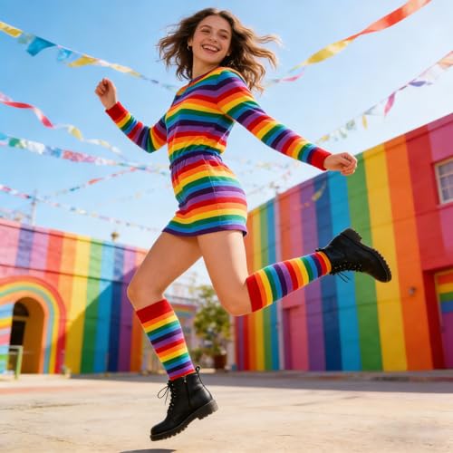 Gvhntk Knee High Striped Socks Long Thin Tube Sports Compression Socks Casual Stripe Tube Stockings for Running - color: Rainbow