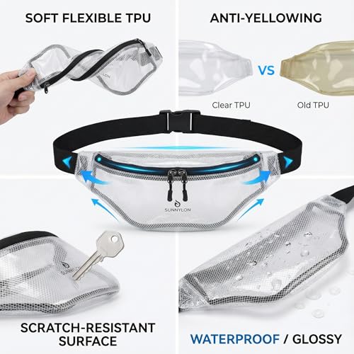 TPU Clear Stadium-Approved Fanny Pack with Wide Adjustable Strap & Reinforced Zippers,Water-Resistant Small Clear Crossbody bag Women & Men,Waist Bag for Festivals, Concerts,Travel & Beach - color: Clear