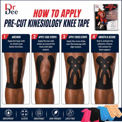 Pre-Cut Kinesiology Tape for Knees 12 Pcs Athletic Support Stability Tape - style: Knee Tape