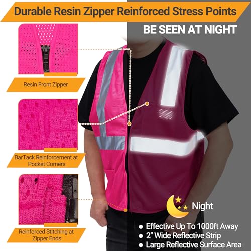 AYKRM 2 Pocket Mesh High Visibility Reflective Safety Vest for men & Women ANSI/ISEA 107 Standards - color: Pink, size: X-Small
