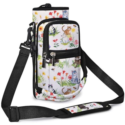 25/32/40/64oz Water Bottle Bag Holder Carrier-Insulated Crossbody Sling Case Sleeve with Strap & Pockets for Men Women Gym Cycling Travel Walking Hiking Camping - color: Garden Cat, size: 25oz