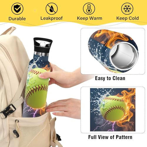 Green Baseball Fire Water Bottle Thermos Stainless Steel Vacuum Insulated Mouth Bottle with Wide Handle - color: Green Baseball Fire