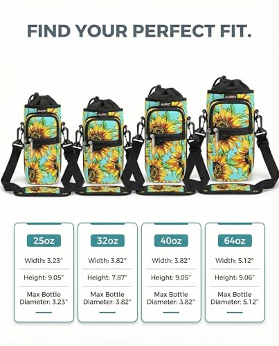 AUPET Water Bottle Sling Bag Sleeve Holder Carrier 25/32/40/64 oz,Insulated Crossbody Water Bottle Case Cover with Strap and Pockets for Men/Women Walking Hiking - color: Sunflower Green background, size: 40oz
