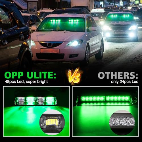 OPP ULITE Dash Strobe Lights 2 in 1, 48pcs Led, 26 Flash Mode, Memory Function, DC 12V-24V Front/Rear Windshield Emergency Flashing Warning Light Bar for Vehicles Trucks, White Green