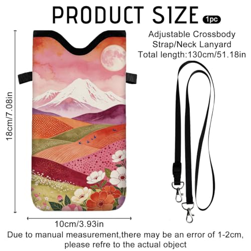 GLOBLELAND Sunset Valley Cell Phone Sleeve Pouch Case Bag 7.1×3.9 inch Moutain Flowers Shockproof Universal Phone Bag with Crossbody Strap Neck Lanyard for Women Men Phone Headphones Watch - color: Sunset Valley