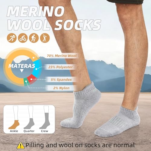 Lapulas Merino Wool Ankle Socks for Men Women, Hiking Running, 6 Pairs - color: Light Grey, size: Medium