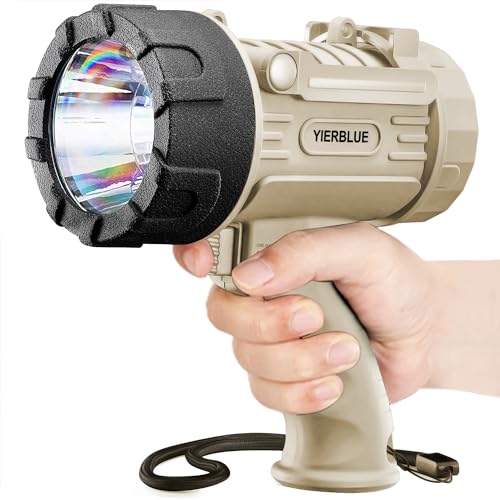 YIERBLUE Rechargeable Spotlight Flashlight with High Lumen LED, IP67 Waterproof Long Running Spot Light searchlight, Impact Resistant Handheld Spotlight with Foldable Stand and Red Lens - color: Pearl
