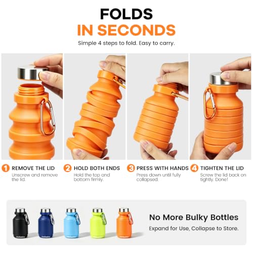 Nefeeko Collapsible Water Bottle, Reuseable BPA Free Silicone Water Bottles - color: Orange-18oz