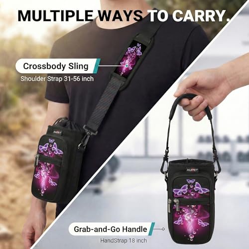 AUPET Water Bottle Sling Bag Sleeve Holder Carrier 25/32/40/64 oz,Insulated Crossbody Water Bottle Case Cover with Strap and Pockets for Men/Women Walking Hiking - color: nice butterlies, size: 25oz