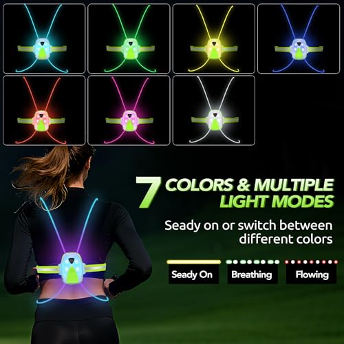 LED Reflective Running Vest Lights for Runners, Running Lights with Front Light, Safety USB Rechargeable Reflective Night Lights For Men/Women Running Walking Cycling, Three Light Modes with 7 Colors