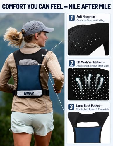 MIER Running Hydration Vest for Women Men, 500ml Soft Flask & Phone Holder - color: Blue, size: Medium-Large