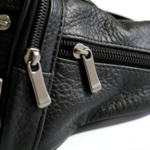 Genuine Cowhide Leather Fanny Pack, Separate Storage 7 Pockets Waist Pack - color: black