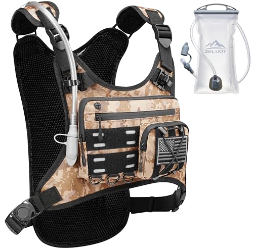 Zelvot Running Vest with 2L Water Bladder, Hydration Backpack, U.S. Design Patent, Lightweight Hydration Pack with Gear Holder, Reflective Chest Pack for Men Women - color: Camo Khaki, size: Medium-Large