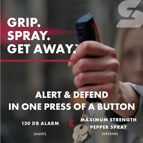 Sabre 2-in-1 Pepper Spray with 130dB Personal Alarm, Alert and Defend with One Press, Fast Flip Top Safety with Finger Grip and Tuck-Away Keyring, Maximum Strength, UV Marking Dye - color: Cream