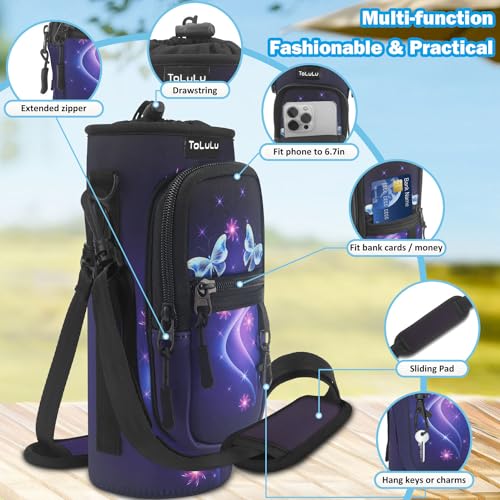 ToLuLu 25/32/40oz Water Bottle Carrier Bag Pocket,Insulated Neoprene Adjustable Shoulder Strap Water Bottle Pouch Case, Crossbody Water Bottle Holder Sling Sleeve for Men Women Adults - color: Purple Butterfly, size: 32 OZ