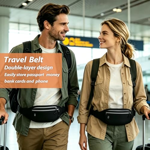 Fanny Packs for Women Men,Travel Money Pouch,Adjustable Running Belt,Black - color: Black