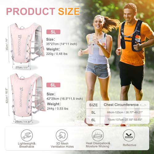 BECOJADDE Running Vest for Women Men, 5L/6L Lightweight Hydration Backpack Running Pack for Marathon, Trail, Cycling, Hiking, Jogging - color: Pink