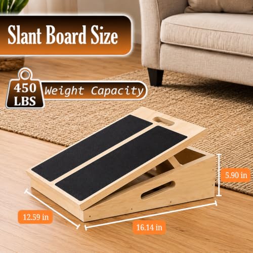 Wooden Slant Board for Exercise, Adjustable Slant Board Wide for Legs, Knees & Ankle Stretching, 450 Lbs Weight Capacity, Wooden Calf Stretch Board with Side Support & Top Handle