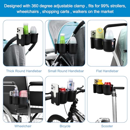 Accmor Stroller Cup Holder with Phone Holder, Bike Cup Holder, Walker Scooter Wheelchair Cup Holder Attachment, Universal Cup Holder for Uppababy Graco Strollers - color: Double Holder-All Black