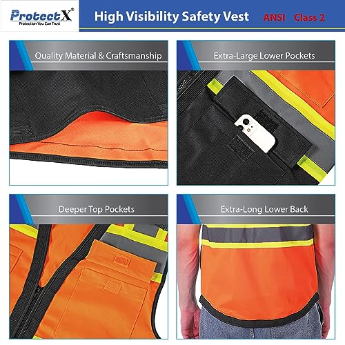 ProtectX High Visibility ANSI Class 2 Safety Vest with 6 Pockets - color: Neon Orange - Solid Fabric, size: Small