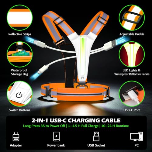LED Reflective Vest Running Gear Set,USB Rechargeable Light Up Running Vest for Runners Night Walking with Waterproof Phone Bag,High Visibility Armband,Adjustable Waist&Shoulder for Men Women - color: Orange