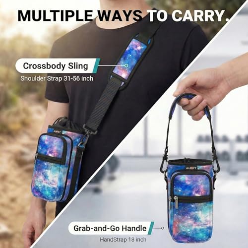 AUPET Water Bottle Sling Bag Sleeve Holder Carrier 25/32/40/64 oz,Insulated Crossbody Water Bottle Case Cover with Strap and Pockets for Men/Women Walking Hiking - color: blue starry sky, size: 32oz