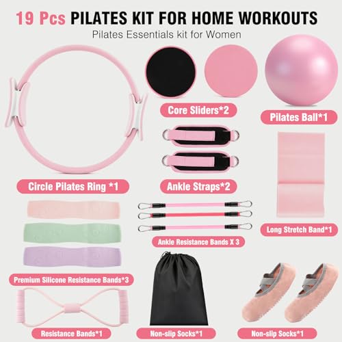 Pilates Kit for Home Workouts, 19-Piece Full Body Fitness Equipment Set with 14.5" Pilates Ring, 9.8" Exercise Ball, Resistance Bands, Core Sliders & Ankle Weights for Women and Beginners