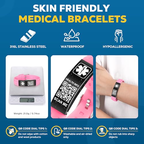 Medical Bracelets for Men Women with QR Code Medical Alert ID Bracelets - color: Black Pink