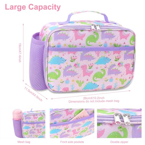 RHCPFOVR Kids Lunch Bag - Insulated Lunch Box for Boys Girls,Washable Lunch Bag and Reusable Toddler Leak-proof Lunchbox for School and Daycare - color: Purple Dinosaur