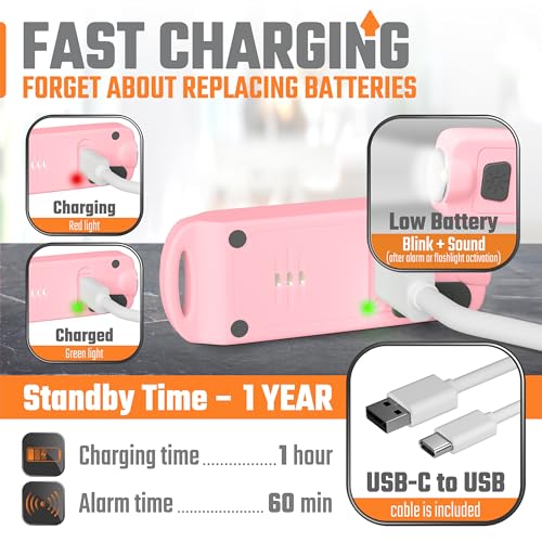 Rechargeable Waterproof Personal Safety Alarm Keychain,130dB Siren, Pink