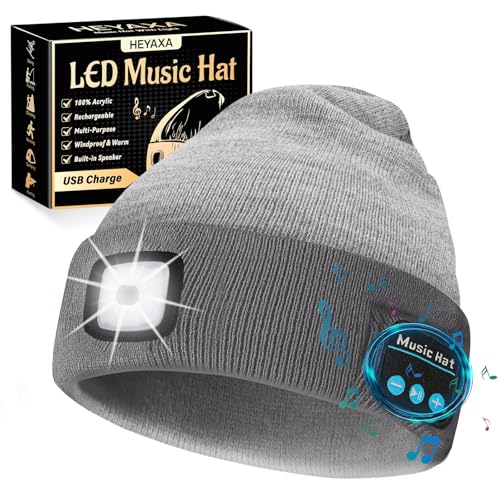 HEYAXA Bluetooth Beanie Hat, USB Rechargeable 4 LED Wireless Music Running Headlamp Cap, Dad Gifts for Husband, Dad, Birthday Gifts for Men, Dad, Father, Women, Him, Her, Grey - color: Gray