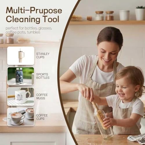 Wooden Bottle Brush - L-Shape Long Handle Cup Scrubber for Water Bottles, Decanters & Glassware - Beech Wood Kitchen Cleaning Tool (Multipack) (4) - size: 4 Pack - L-Shape Brushes