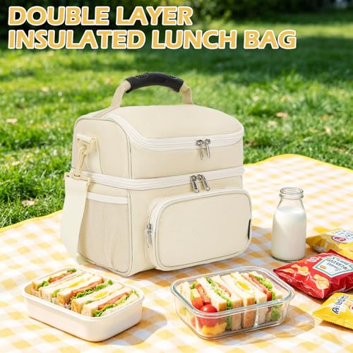 FlowFly Double Layer Cooler Insulated Lunch Bag Adult Lunch Box Large Tote Bag for Men, Women, With Adjustable Strap,Front Pocket and Dual Large Mesh Side Pockets - color: Biege