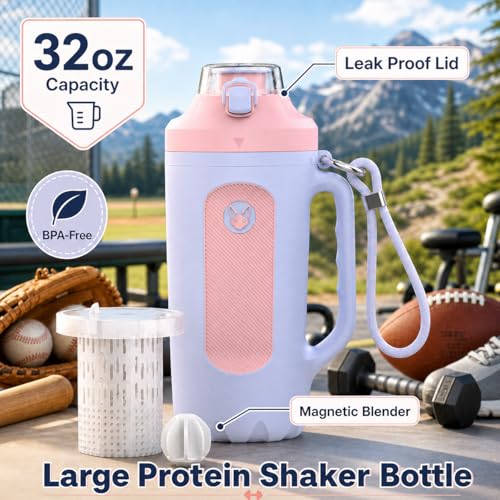 32oz Insulated Water Bottle Multi-Function Sports Jug with Handle & Magnetic Blender - Leak Resistant for Baseball Football Gym & Outdoor Activities (Dreamy Purple & Pink) - color: Dreamy Purple & Pink