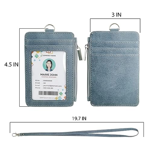 Blue Lanyard Wallet for ID Badges with Long Neck Lanyards and Wristlet Strap, Vertical PU Leather Badge Holder Case with Zipper Pocket for Offices ID, School ID, Driver Licence - color: Blue