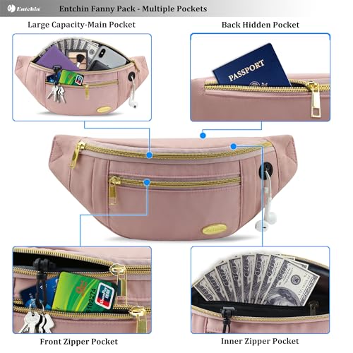 Entchin Water-Resistant Fanny Pack, 4-Zipper Belt Bag - color: Mini Pink