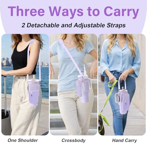 Water Bottle Carrier Bag for Stanley Cup 40/30oz, Neoprene Water Bottle Holder Pouch with 3 Pocket Adjustable Shoulder & Hand Strap - color: Rose Red