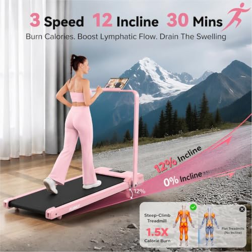 FUNMILY Upgrade Walking Pad Folding Treadmill with 12%/15% Incline & Handle Bar, 3.5HP Foldable Under Desk Compact Treadmills for Home/Office/Gym, 400+lb Capacity, Shock Absorption - color: Best Baby Pink T
