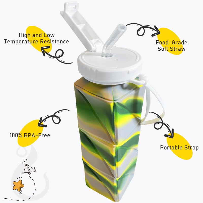 Collapsible Water Bottle with Anti-Collapse Ring Leak Proof Foldable Silicone Bottle for Travel Camping Hiking Running Sport (Grey Green)