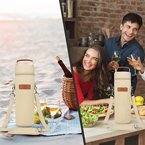 opux Single Bottle Wine Bag Carrier Insulated Cooler Tote with Strap, Cream - color: Cream Beige