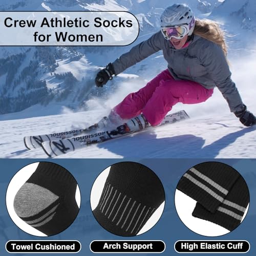 YSense 6 Pairs Crew Socks for Women, Hiking Running Compression Socks - color: White Black Grey