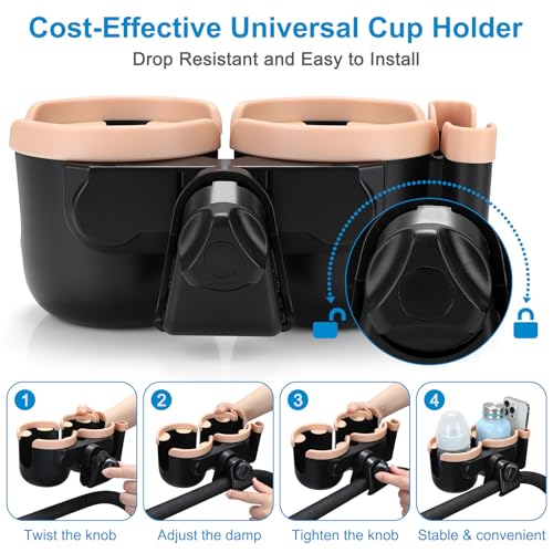 Accmor Stroller Cup Holder with Phone Holder, Bike Cup Holder, Walker Scooter Wheelchair Cup Holder Attachment, Universal Cup Holder for Uppababy Graco Strollers - color: Double Holder-Pink