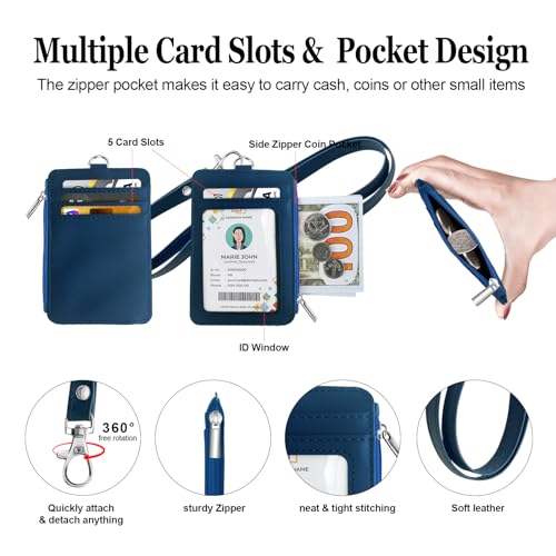 bolimoss 2-in-1 ID Badge Holder & Lanyard Wallet, Leather ID Badge Card Holder Wallet with 5 Card Slots, 1 Side Zipper Pocket,Detachable Keychain Lanyards for Office Worker School Teacher, Navy Blue - color: Navy Blue